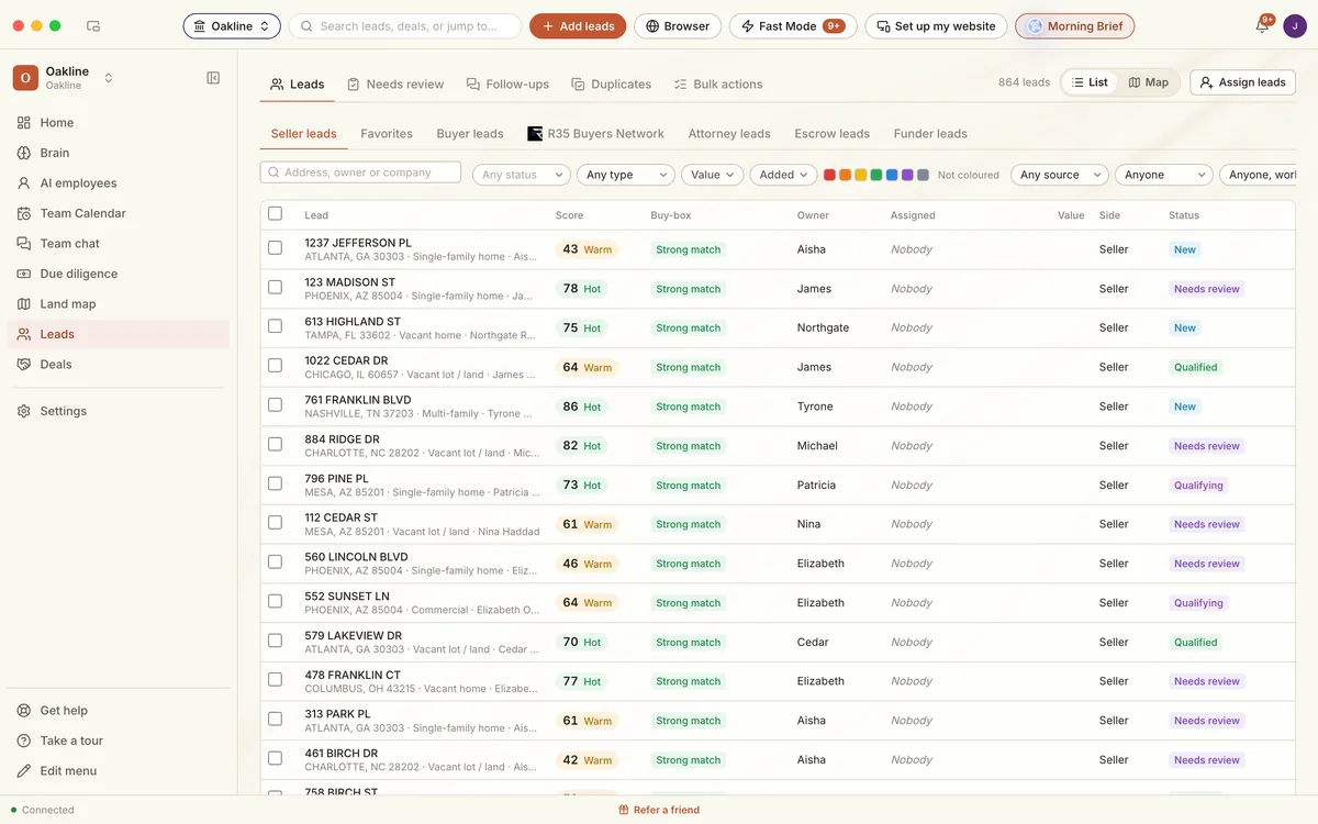 The R35 desktop app on a Mac: the seller leads list with a score, buy-box match and status for every lead