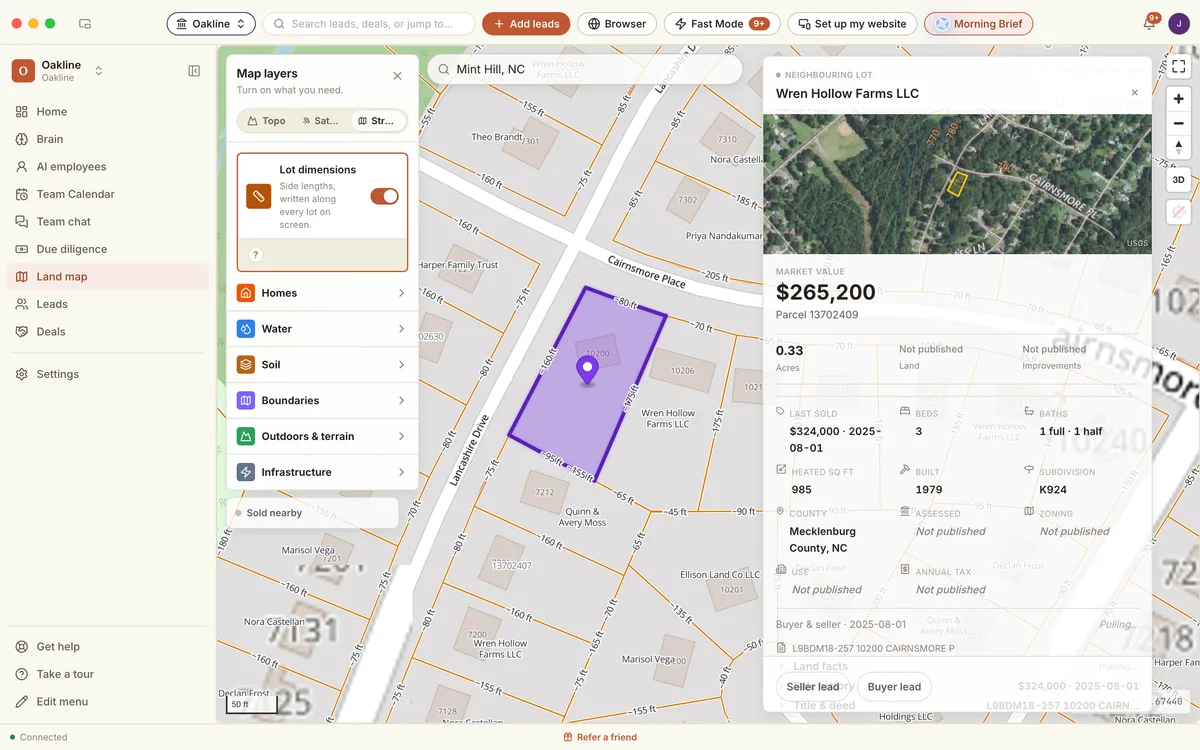 The R35 land map on a Mac: lot lines with their lengths, owner names on each lot, and a lot card showing acreage and market value