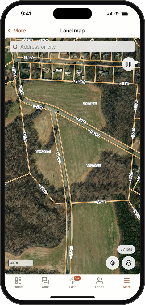 The R35 land map on an iPhone: satellite view with lot lines and their lengths